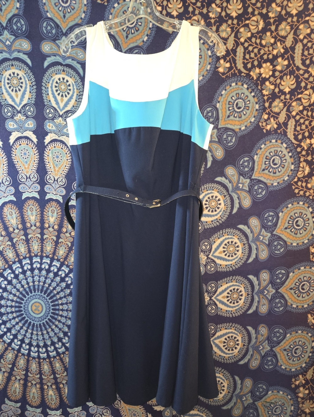 Sleeveless Colorblock Midi Dress in Navy, Turquoise & White Sz 16